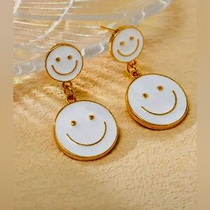 Chic Smiley Drop Earrings – White Enamel with Gold Large Gold Disk Trim